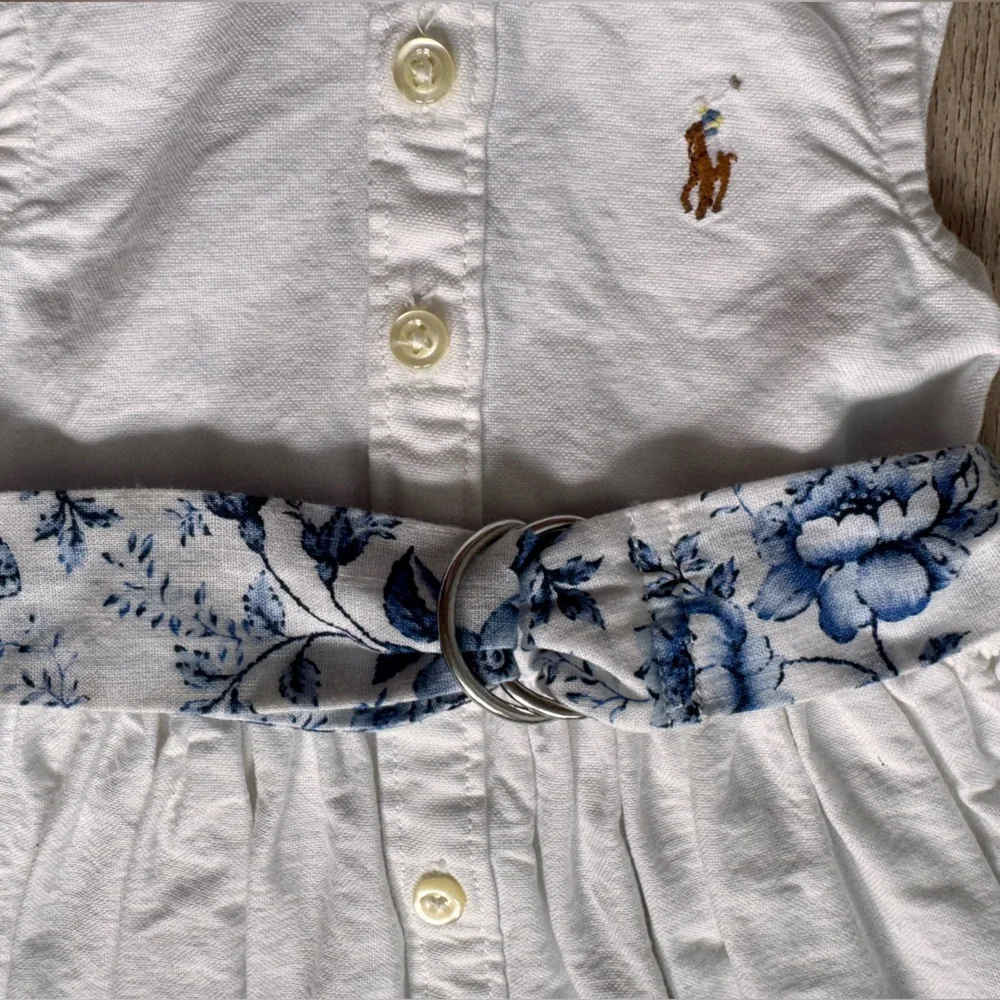 Ralph Lauren Baby White Dress with Blue Floral Belt Button Down Size 3 Months